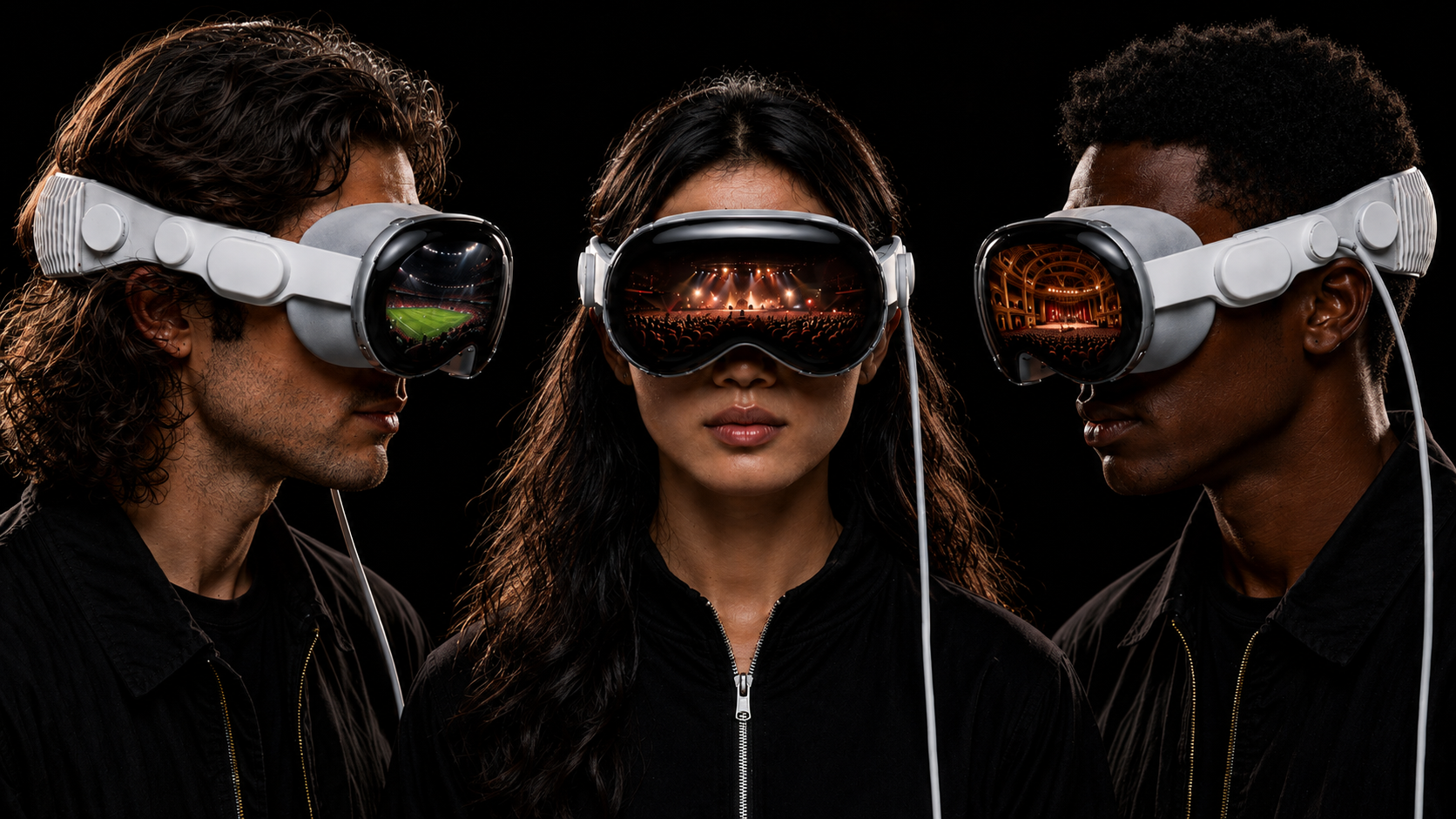 Three people wearing Apple Vision Pro headsets, immersed in live sports, music and culture through NeoVerse Live